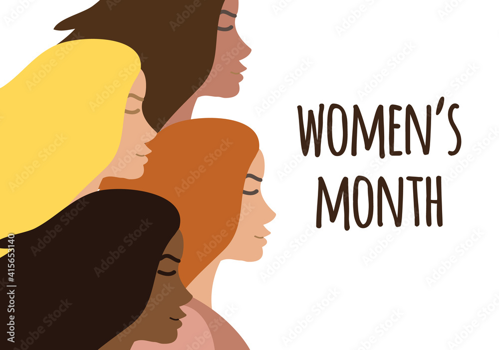 Vector flat banner with different women and women month lettering isolated on white background. International women’s day equality illustration
