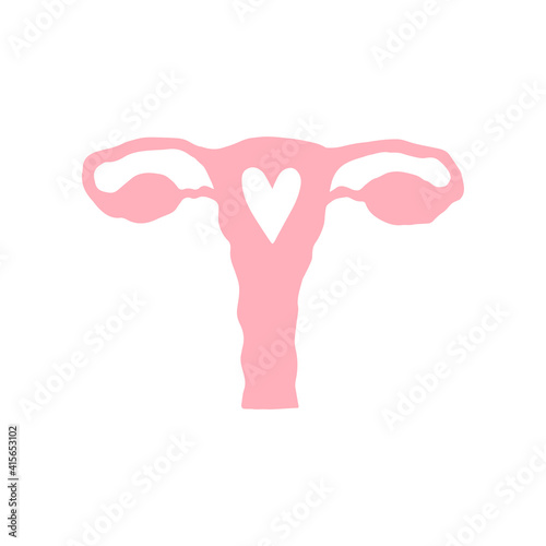 Vector hand drawn pink uterus silhouette with heart isolated on white background