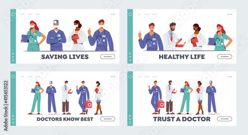 Doctor Characters in Medical Robe in Row Landing Page Template Set. Hospital Healthcare Staff with Medic Stuff, Medicine