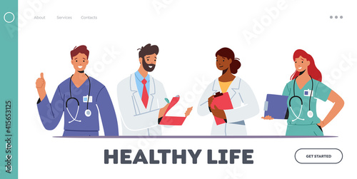 Doctor Characters in Medical Robe in Row Landing Page Template. Hospital Healthcare Staff with Medic Stuff, Physicians