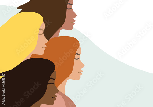 Vector flat banner with different women isolated on colored background. International women’s day equality illustration