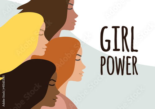 Vector flat banner with different women and girl power lettering isolated on background. International women’s day equality illustration