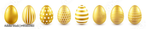 Golden Easter eggs isolated on white background. Seasonal spring decoration element. Egg hunt game. Vector illustration.