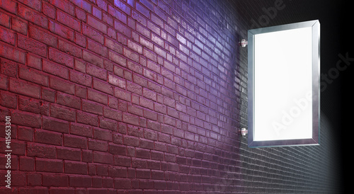 city light mockup on the black brick wall illuminated by red and blue light. 3d illustration