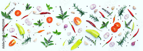 Cooking ingredients, Various fresh vegetables and herbs on white background.