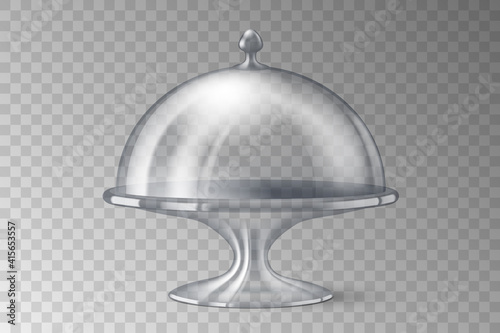 Cake stand 3d realistic. Elegant retro glass kitchenware for dessert isolated on transparent background
