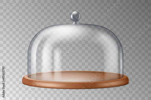 Glass cake stand dome cover, realistic 3d design. Luxury glassware dishes for pastry display