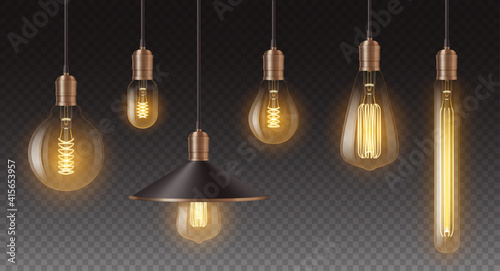 Realistic retro light bulbs set. Decorative vintage design edison lightbulbs of different shapes