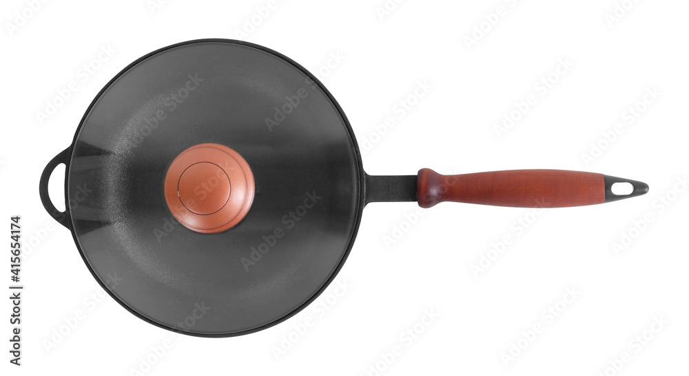 Kitchen accessories - Top view cast iron frying pan with cover. Isolated