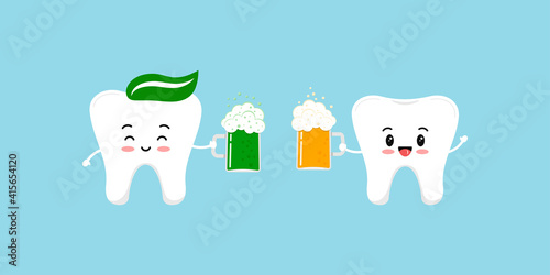 St Patrick day teeth with beer clink glasses. Cute dental happy tooth irish character with glass of splashing beer and ale. Flat design cartoon dentist celebration vector illustration.