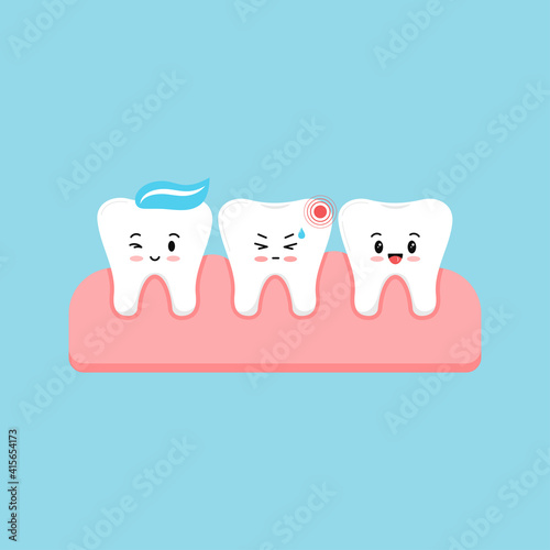 Cute tooth with ache pain and healthy in gum isolated on blue background. Sick kids teeth, dent hygiene, prevention treatment concept. Flat design cartoon style vector dental character illustration.