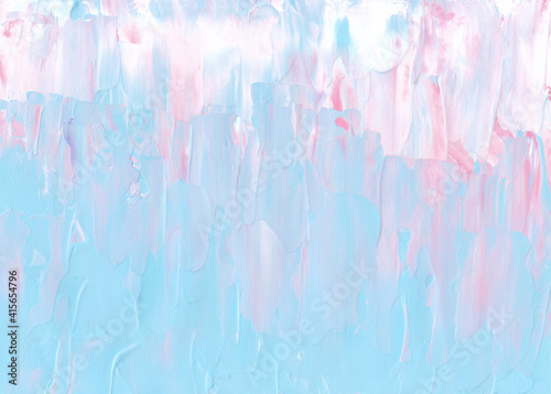 Abstract pastel blue, pink and white background. Textured brush strokes on paper. Contemporary minimalist art. Oil painting backdrop.