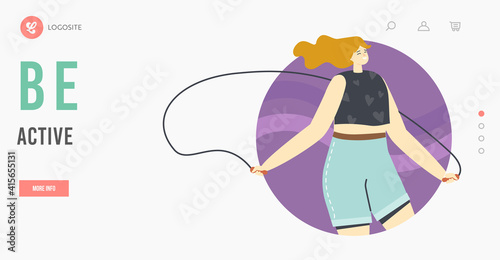 Be Active Landing Page Template. Fitness Exercises, Sport Activity, Healthy Lifestyle. Sportswoman Jump with Jump Rope