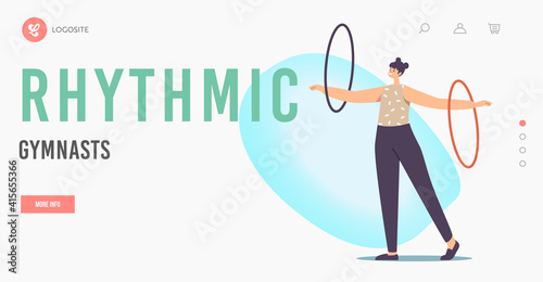 Rhythmic Gymnast Landing Page Template. Female Character Performing Gymnastics Elements with Hula Hoop