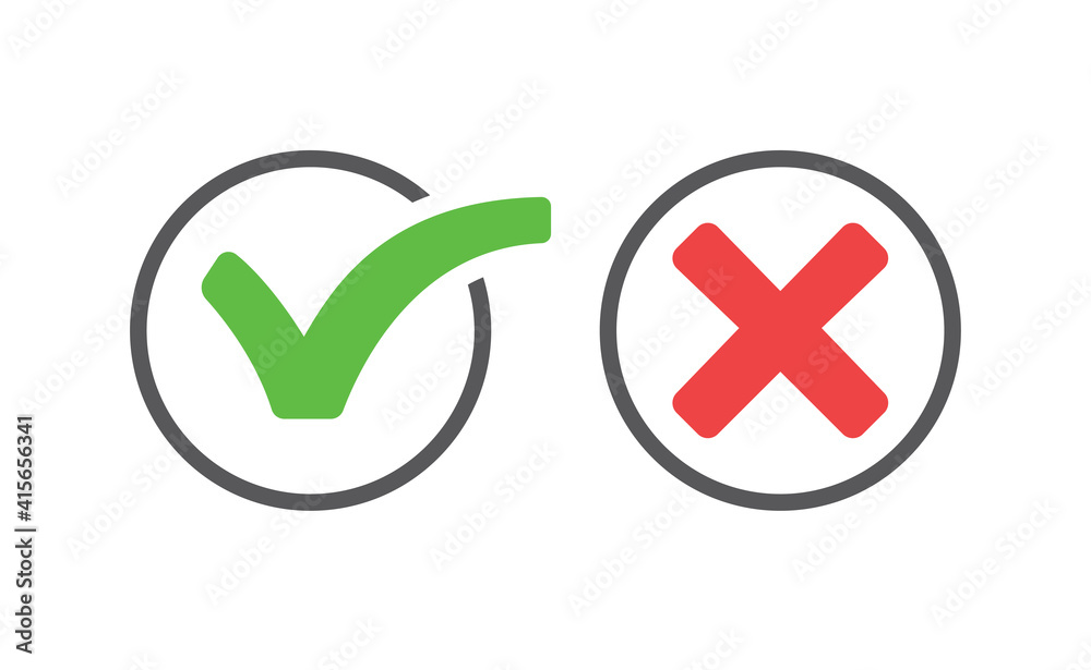 Check mark icons. Green tick and red x. Symbols of approval. Check mark icons. Green tick and red x. Symbols of approval.