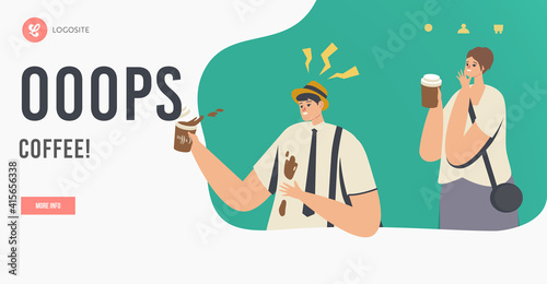 Clumsiness on Street or Office Landing Page Template. Man in Trouble with Drink Splash. Clumsy Character Spill Coffee