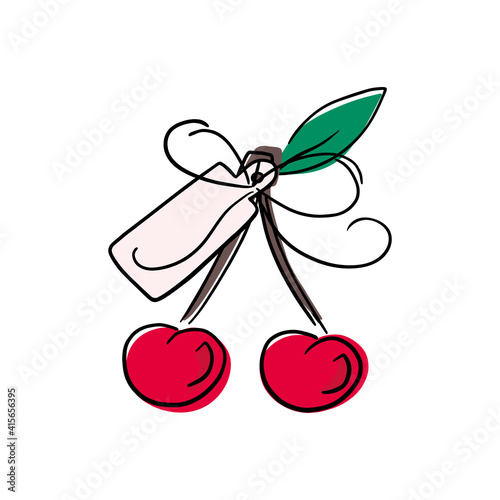 Couple of red ripe sweet cherry, lief, tad. Handdrawn vector illustration. Can use for design product, package
