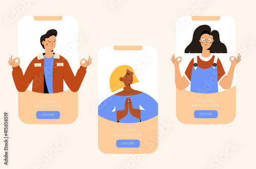 Meditation online training. Meditating men and women on online course meditate on smartphone screen. Distance, remote yoga, relax, mindfulness, breathing training. Online meditation class