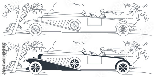 Girl rides in antique car. Illustration for internet and mobile website.