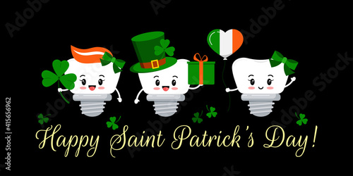 St Patrick day teeth dental implant on dentistry greeting card. Tooth irish character with gift, lucky clover on green hat, flag colors balloon. Flat cartoon vector Happy paddy's day illustration.
