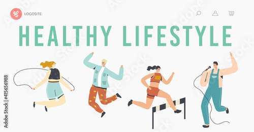 Healthy Lifestyle Landing Page Template. Characters Active Life, Sport and Hobby Activity Karaoke, Parachuting, Racing