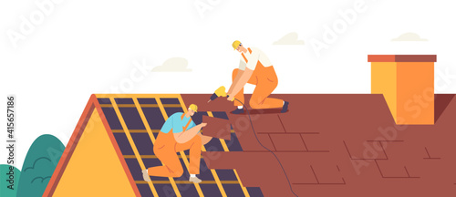Roofer Men with Work Tools Roofing and Tiling Residential Building Roof. Construction Workers Characters Repair Home