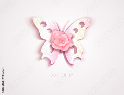 Butterfly icon with pink rose flower. Vector illustration for design cards, greeting postcard, flyer, banner. Gentle pastel colors. All objects are isolated © Albinasyo