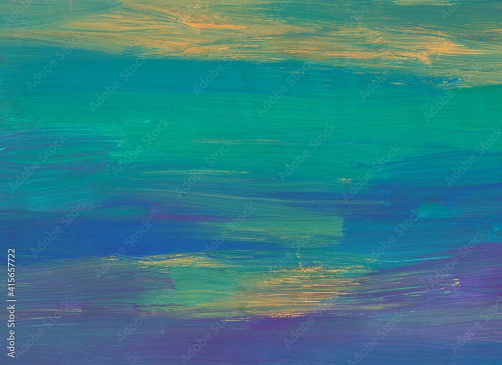 Abstract calm dirty yellow, green, purple, blue background. Brush strokes on paper. Colorful artistic backdrop