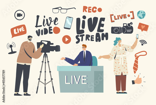 Live Stream, News Concept. Videographer Record Anchorman Conduct Program. Vlogger, Reporter or Journalist Make Reportage