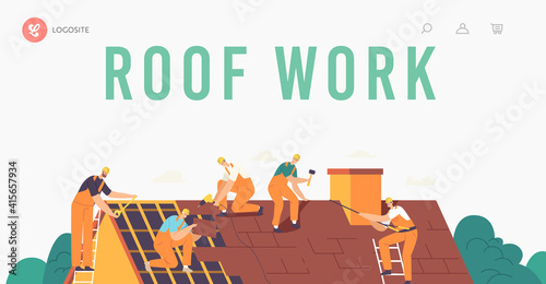 Roofer Men with Work Tools Landing Page Template. Roof Construction Workers Characters Conduct Roofing Works