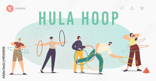 Recreation, Outdoor or Indoor Active Sparetime Landing Page Template. Adult Male or Female Exercising with Hula Hoop