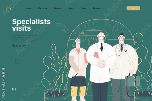 Medical insurance -specialists visit -modern flat vector concept digital illustration - medical specialists standing at the private residence entrance door Home medical service, part of insurance plan