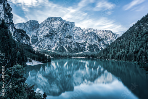 Mountain lake in the Dolomites, South Tyrol in Italy..The Pragser Wildsee, or Lake Prags, Lake Braies.
