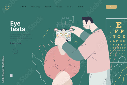 Medical tests template - c -modern flat vector concept digital illustration of eye test procedure -a female patient and a doctors with phoropter, ophthalmologic office