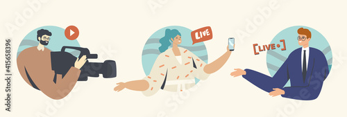 Live Stream Concept with Cameraman, Woman with Smartphone and Anchorman Characters. Video or News Online Broadcasting