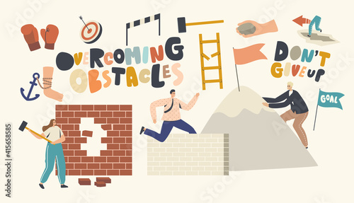 Overcoming Obstacles Concept. Characters Seeking Success, Developing Skills, Climbing on Rock Peak, Jump Over Barriers
