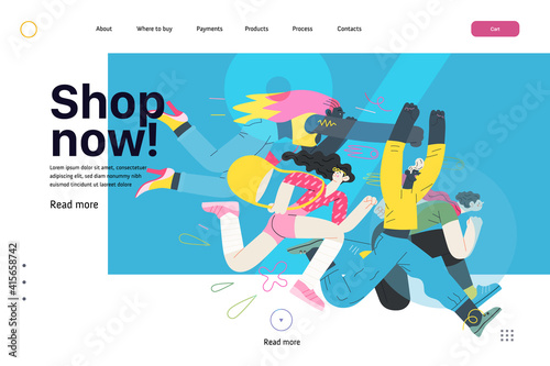 Discounts, sale, promotion, web template - modern flat vector concept illustration of people crowd running in the pursuit of the discounts, with a big percent sign on the background. Shop now