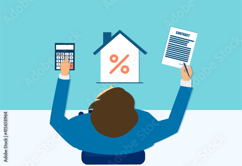 Vector of a businessman with mortgage calculator signing a real estate contract