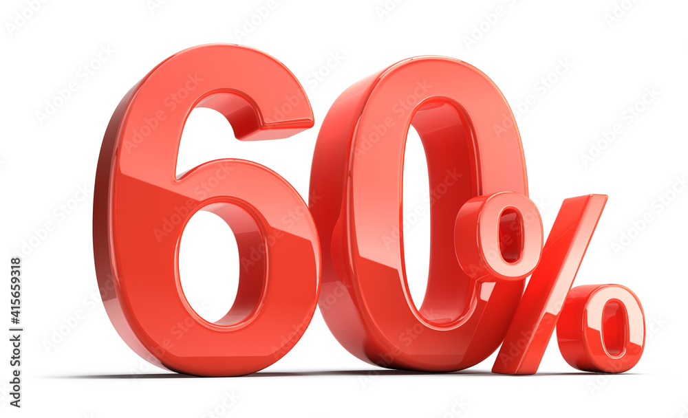 Sixty 60 percent. Glossy red Sixty percent sign isolated on white. Percentage, sale, discount concept. 3d rendering Sixty 60 percent. Glossy red Sixty percent sign isolated on white. Percentage, sale, discount concept. 3d rendering