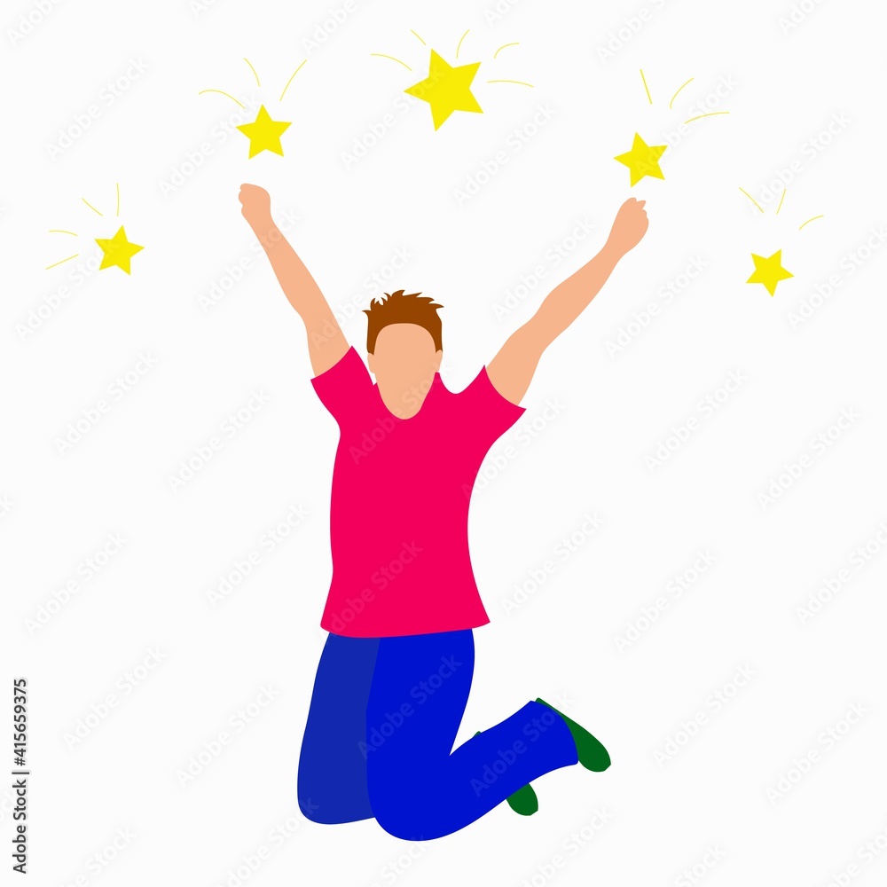 People jump with raised hands, happy guy, the picture is in flat style on white background, vector People jump with raised hands, happy guy, the picture is in flat style on white background, vector