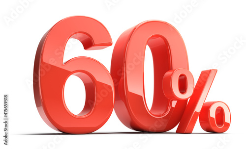 Sixty 60 percent. Glossy red Sixty percent sign isolated on white. Percentage, sale, discount concept. 3d rendering
