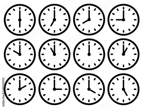 Clock icons set. Dial with hands. Different time. Black and white illustration.