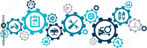 Car / auto repair vector illustration. Concept with icons related to car service and inspection, motor check, oil change, automotive maintenance, vehicle or automobile repair shop.