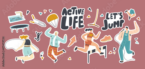 Set of Stickers Active Life, Sport and Hobby Activity. Characters Sing Karaoke, Parachuting, Racing with Obstacles