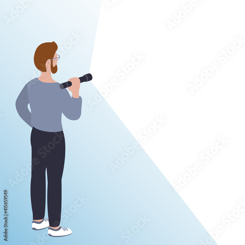 A young man stands with a flashlight on. Empty space for text. Vector template illustration.