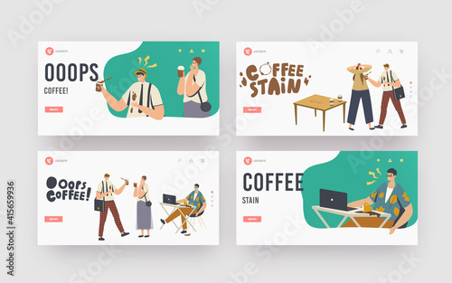 People in Trouble with Drink Splash Landing Page Template Set. Characters Spill Coffee on Clothes and Laptop Put Stains