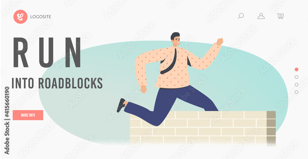Obraz premium Leadership Competition, Challenge, Obstacles Overcoming Landing Page Template. Business Man Character Jumping over Wall