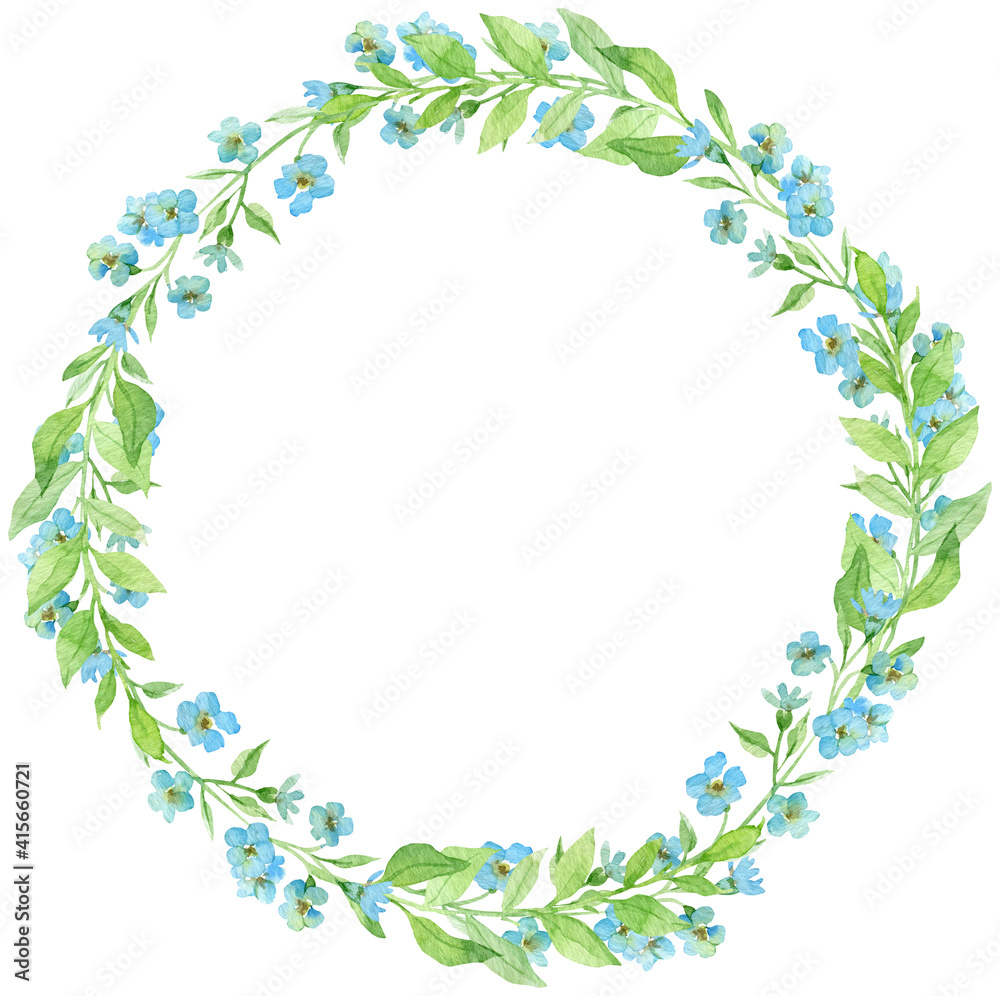 Watercolor wreath with forget-me-not flowers. Spring little blue flowers. Circle frame. Easter template