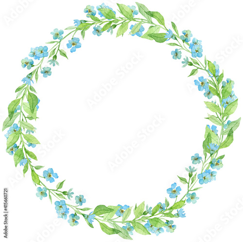 Watercolor wreath with forget-me-not flowers. Spring little blue flowers. Circle frame. Easter template © annakonchits