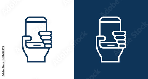 Hand with smartphone outline icon illustration isolated vector sign symbol